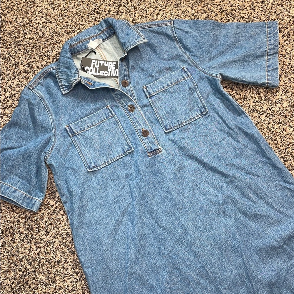 Future Collective Women's Soft Blue Denim Mini Shirtdress Size Medium | NWT - Picture 4 of 7